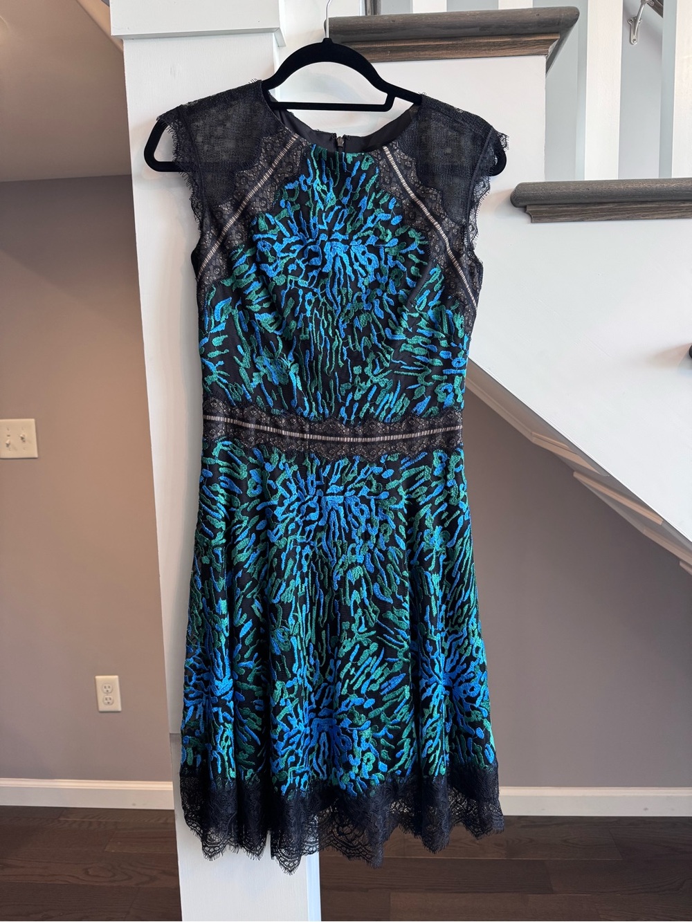 Tadashi Shoji Black Dress with Blue and Green Embroidered Floral Motif